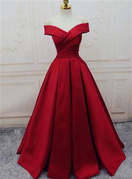 Picture of Red Color Satin Off Shoulder Handmade Long Formal Dresses, Pretty Handmade Red Color Formal Gown